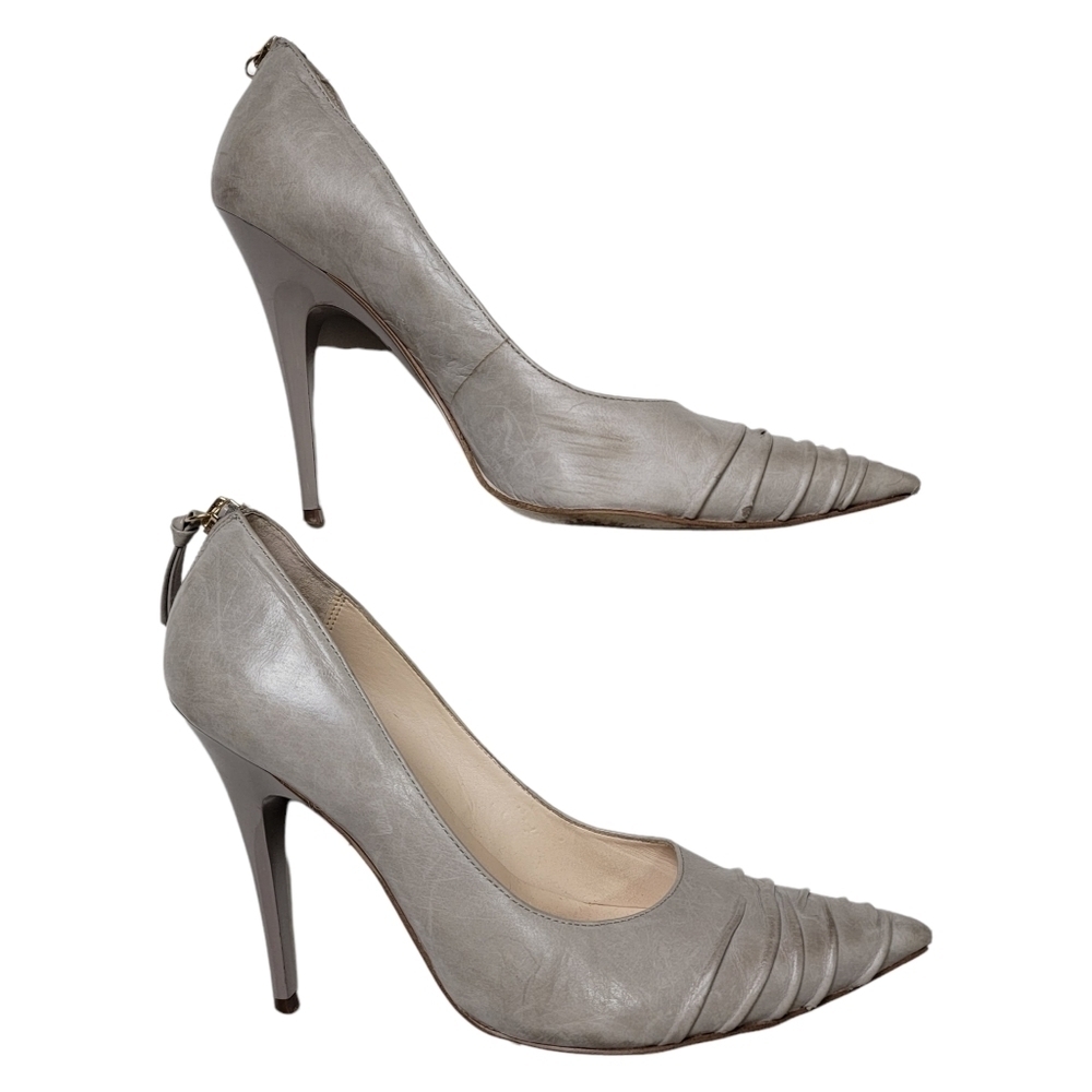 Boutique 9 Tan Mottled Leather Scrunch Toe Faux Zip Pump Heels Size 7.5 - Picture 2 of 12